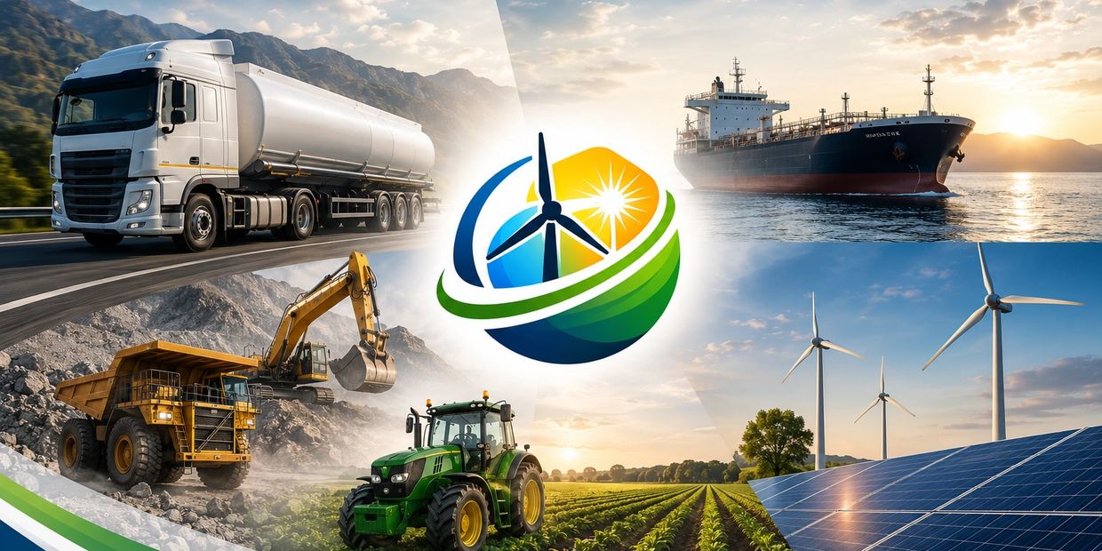 Collage of transportation, construction, agriculture, and renewable energy scenes.