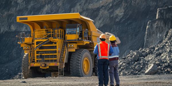 Two workers inspecting a large mining dump truck.