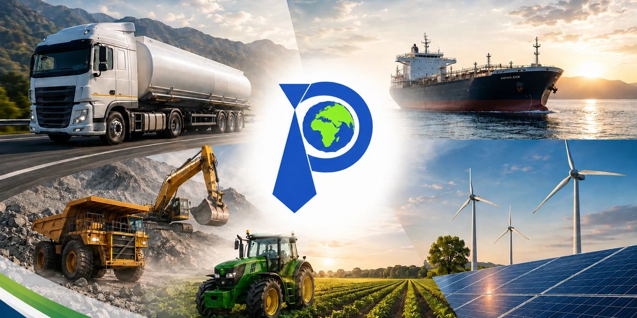 Collage showing transportation, construction, agriculture, renewable energy, and environmental logo.