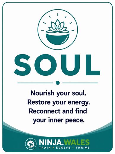 Inspirational wellness message with lotus logo: Soul, inner peace.