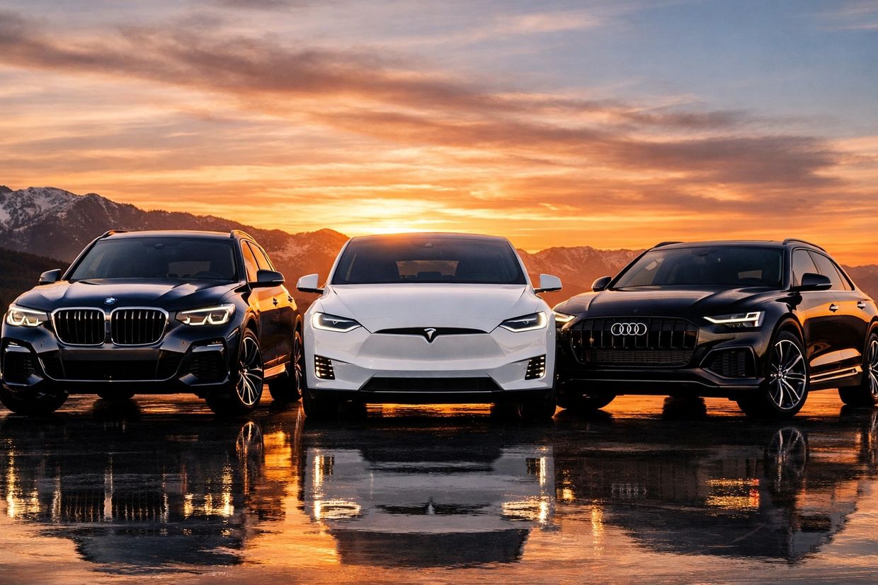 Three luxury SUVs from BMW, Tesla, and Audi at sunset.
