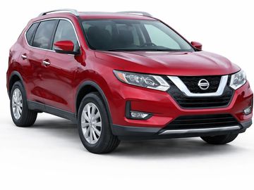 Red Nissan SUV parked on a white background.