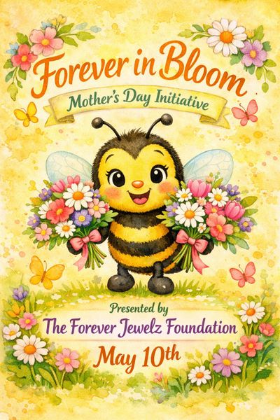 Cute bee holding flower bouquets for Mother's Day event.