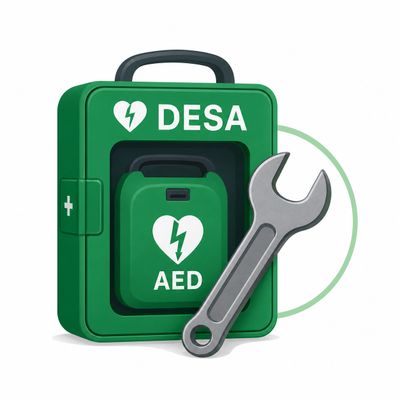 Green AED device in a green case with a wrench beside it.
