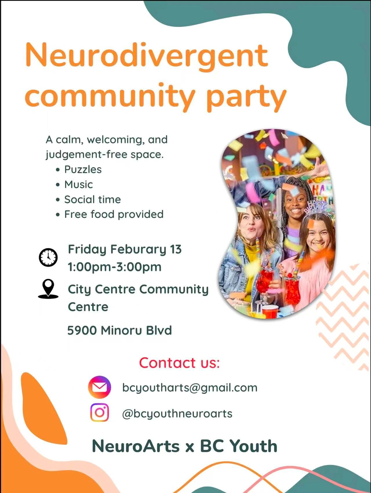 Invitation for a Neurodivergent community party with puzzles, music, and free food.