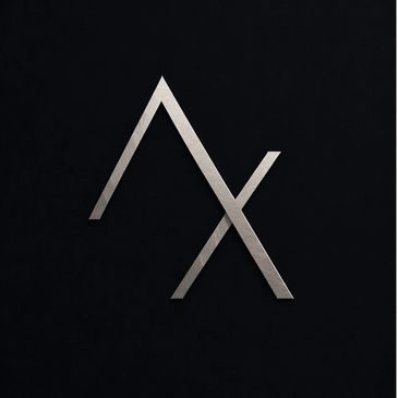 Minimalist metallic logo with stylized overlapping A and X on black background.