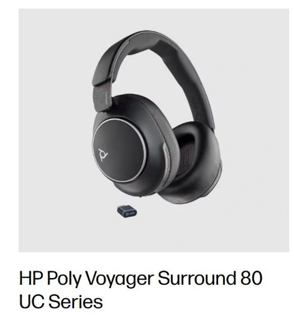 HP Poly Voyager Surround 80 UC Series wireless headphones.