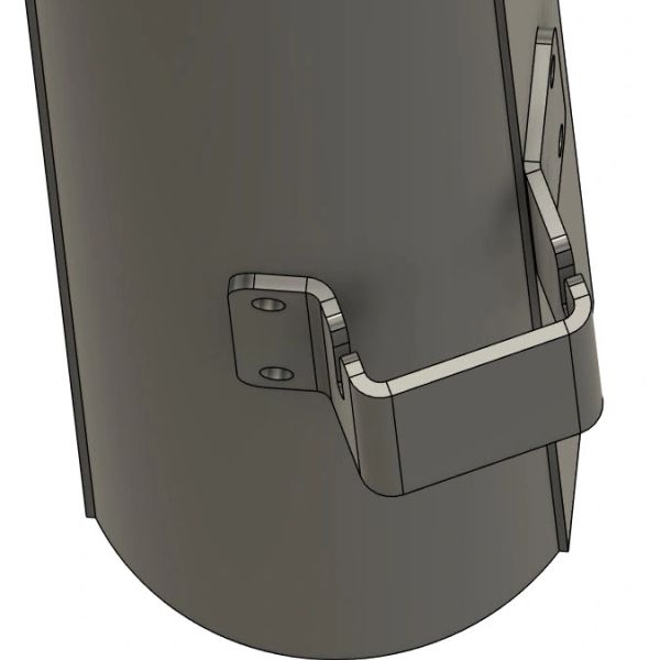 3D-rendered metal bracket attached to a curved surface with screw holes.