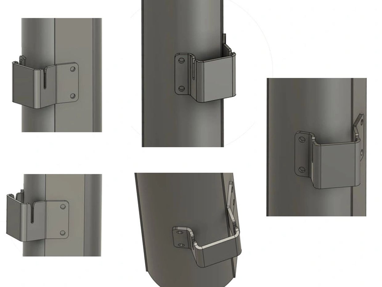 3D renderings of a metallic bracket attached to cylindrical poles from various angles.