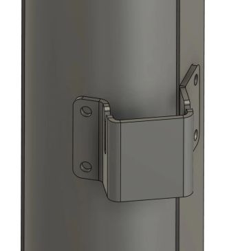 Metal door hinge attached to a cylindrical post.
