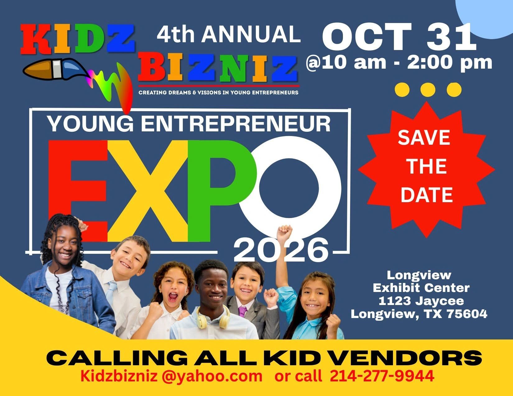 Flyer for 4th Annual Kidz Bizniz Young Entrepreneur Expo 2026 on Oct 31.