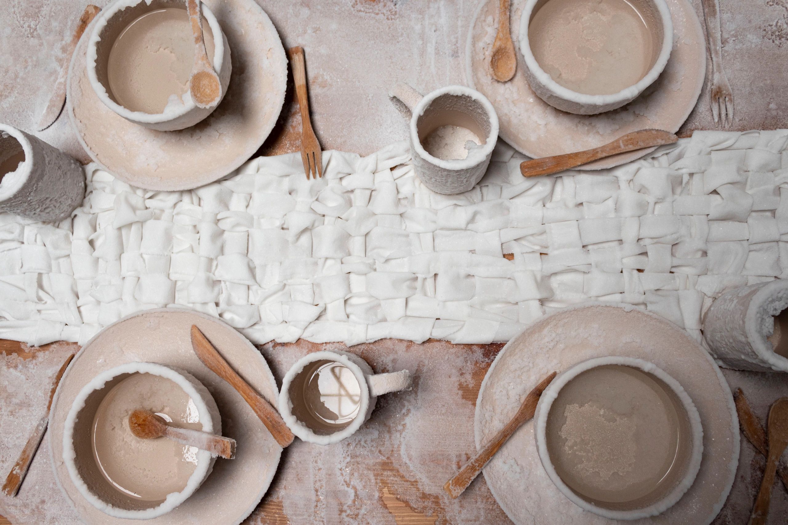 Photograph of a table set with four sets of dishes with a white woven table runner in the middle cov