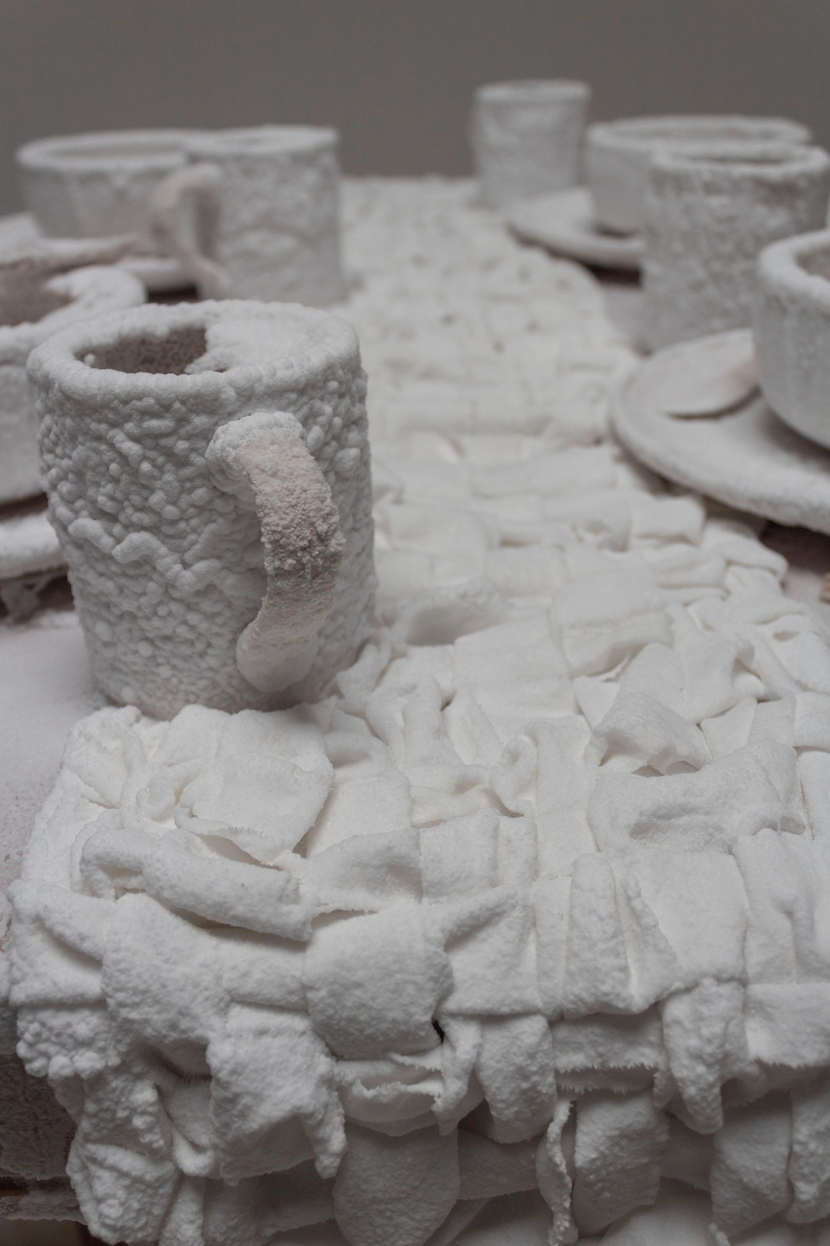 Photograph of dishes on a table encrusted in salt
