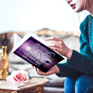 Woman reading a book titled "Forgotten Realm of Secrets."