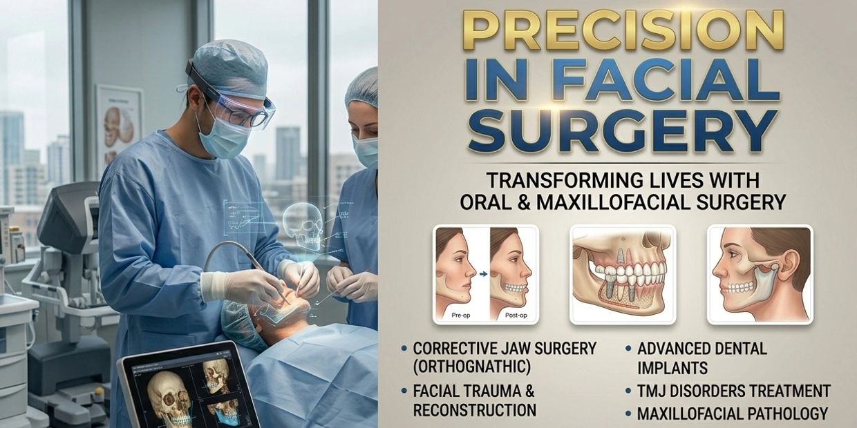 Oral and maxillofacial surgeons performing precise facial surgery with advanced technology.