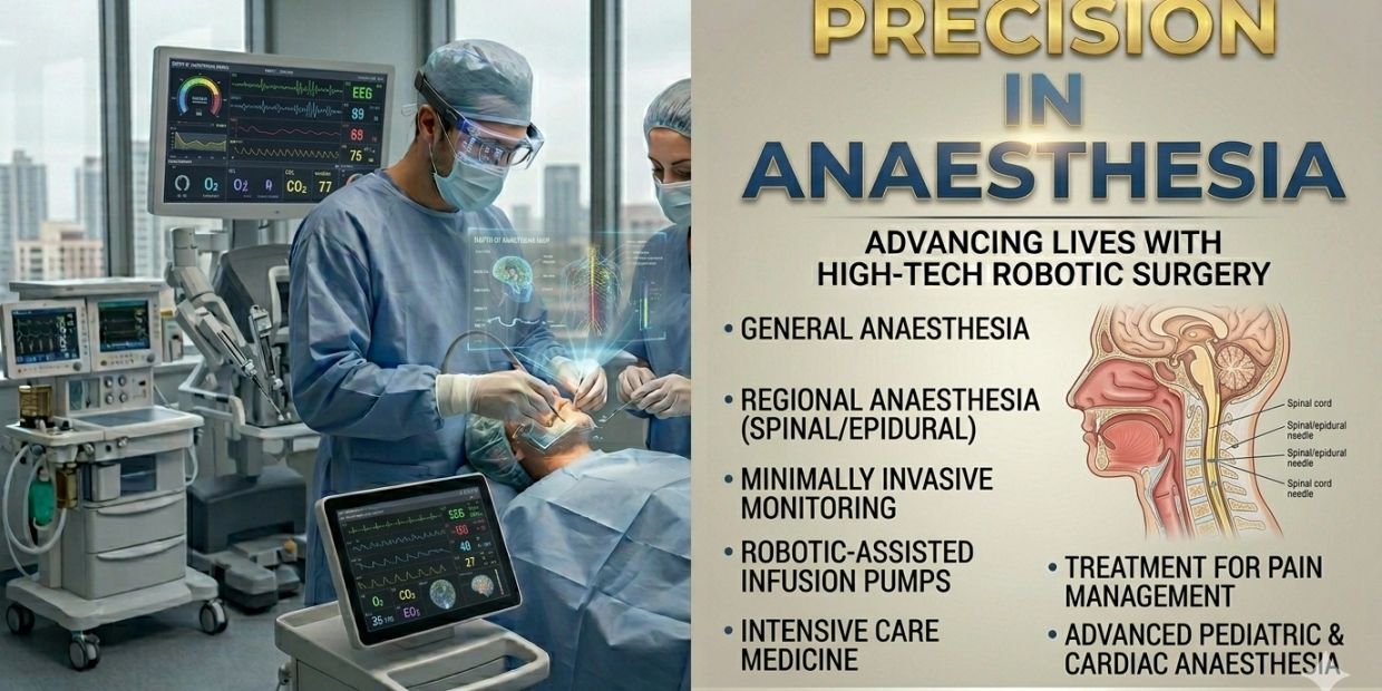 High-tech robotic surgery advancing precision in anaesthesia with various specialized techniques and treatments.