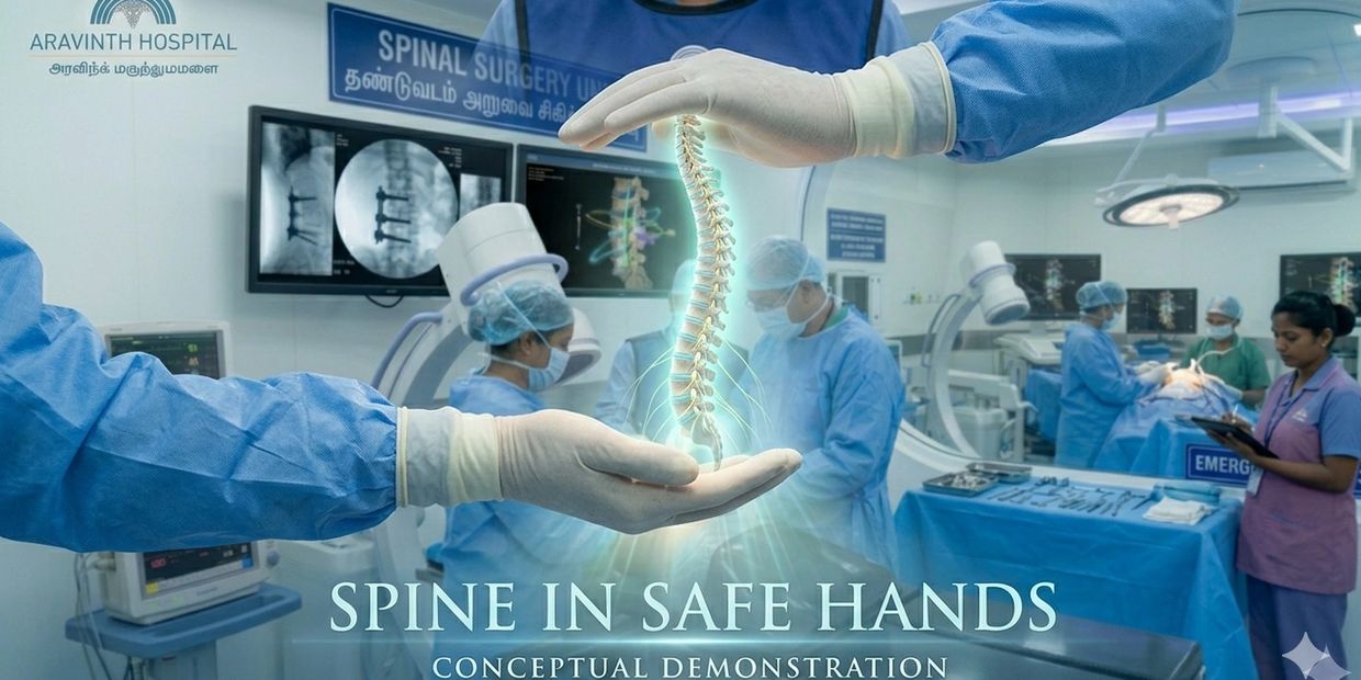 Medical team performing spine surgery with conceptual glowing spine illustration.