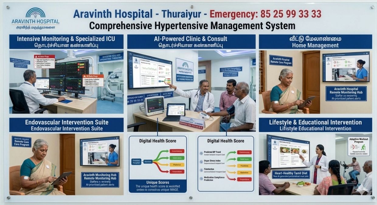Comprehensive hypertensive management system at Aravinth Hospital with AI-powered monitoring and home care.