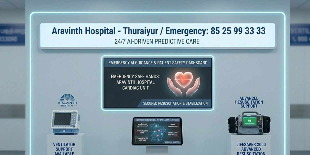 AI-driven emergency care display at Aravinth Hospital's cardiac unit.