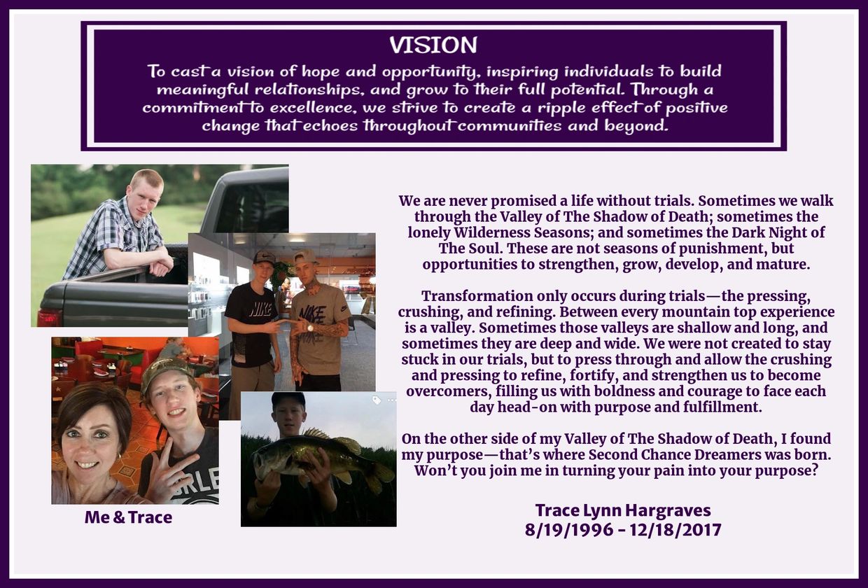 Vision statement with photos and inspirational message about overcoming trials and purpose.