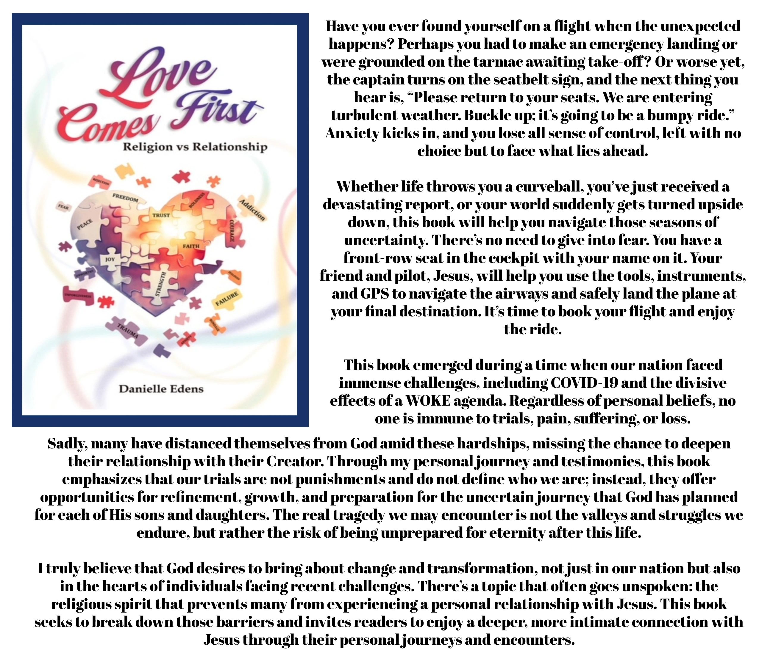 Book cover of "Love Comes First" by Danielle Edens with a heart-shaped puzzle and spiritual themes.