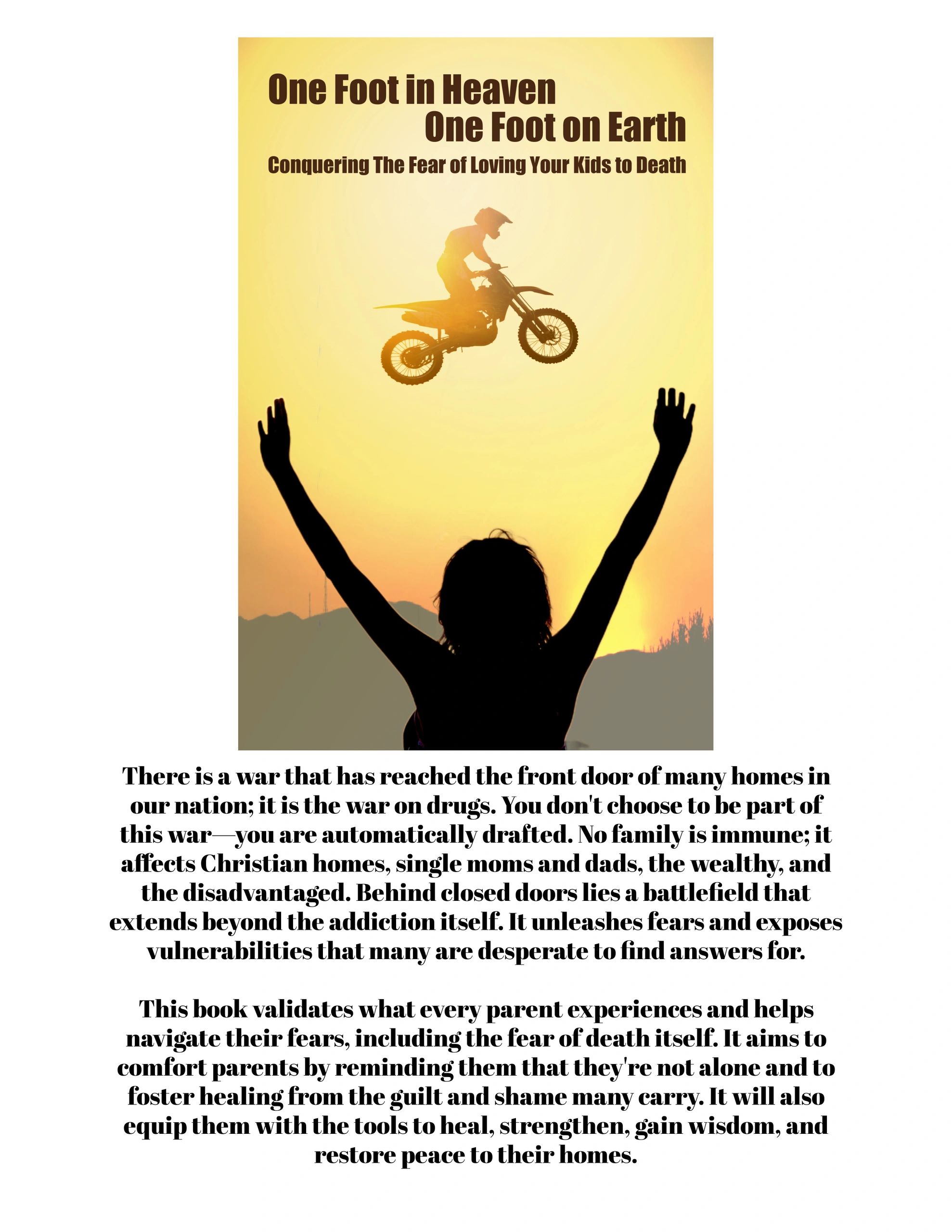 Silhouette of a person raising hands watching a motocross biker in the sunset.
