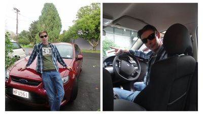 Two photos of Phillip smith standing by and in a red Falcon XR6