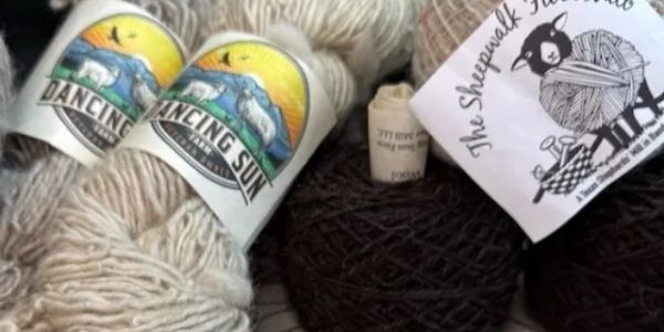 Skeins of yarn from Dancing Sun and The Sheepsilk Farm.