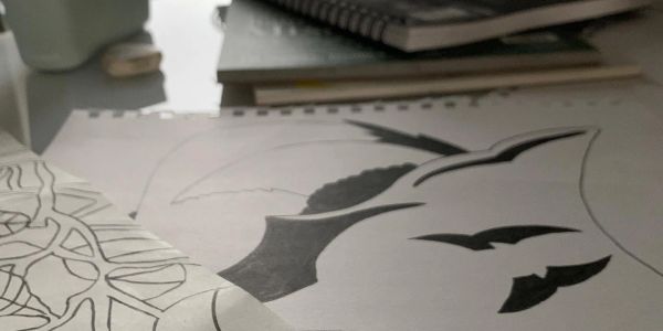Close-up of hand-drawn sketches with black ink designs.
