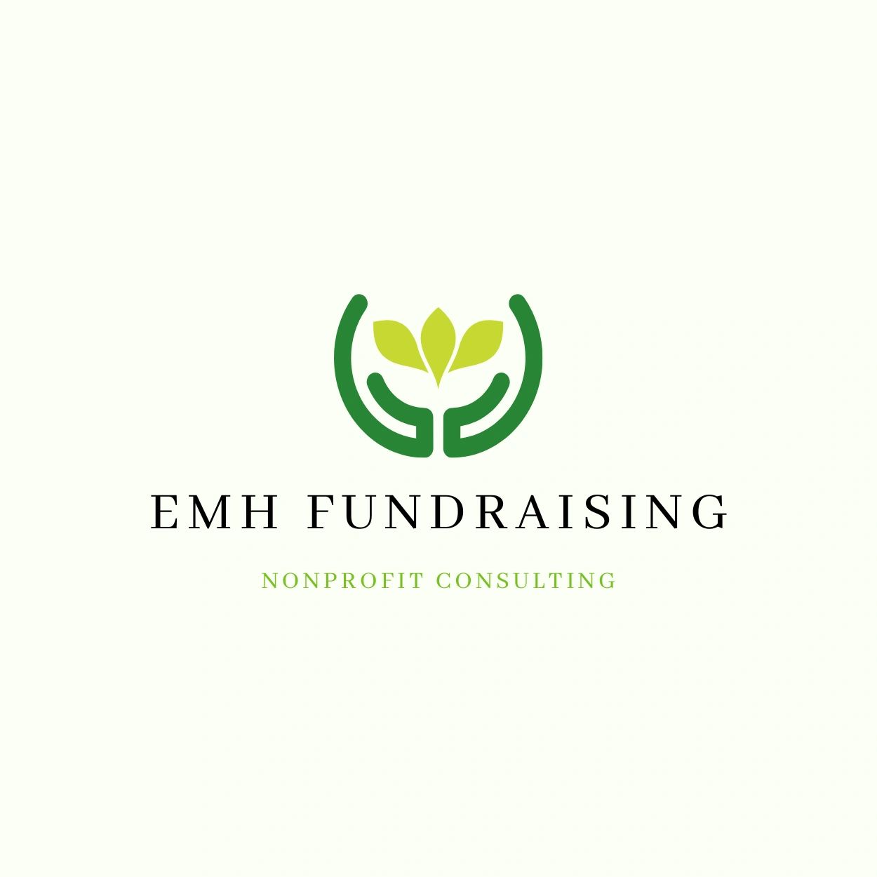 Hands holding a growing plant with the text "Emh Fundraising. Nonprofit Consulting."