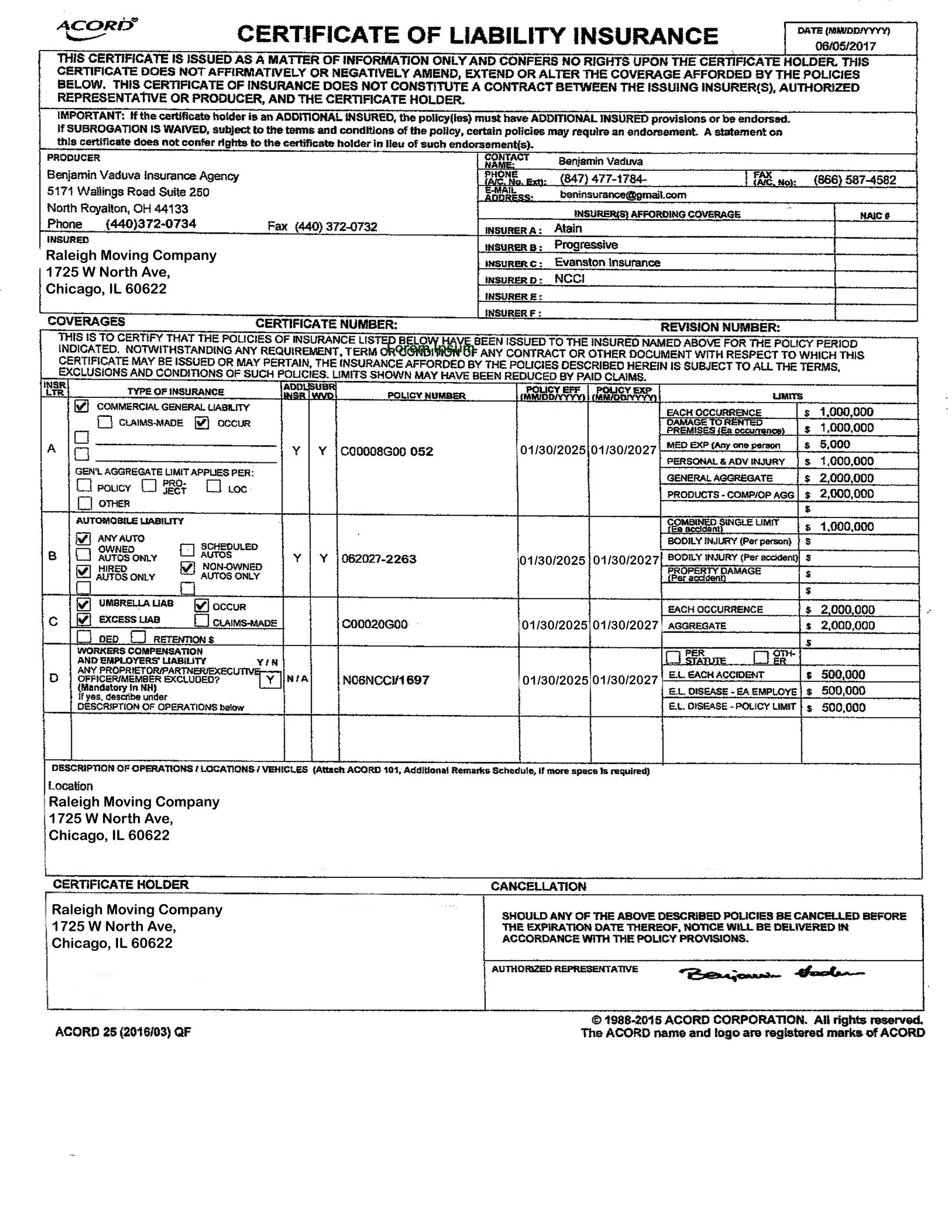 Certificate of liability insurance for Raleigh Moving Company from Benjamin Vaduva Insurance.