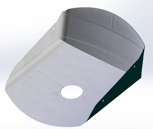 3D model of a curved metal sheet with a circular cutout and mounting holes.