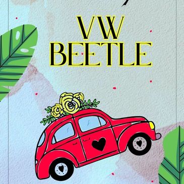 Illustration of a red VW Beetle with flowers and heart details.