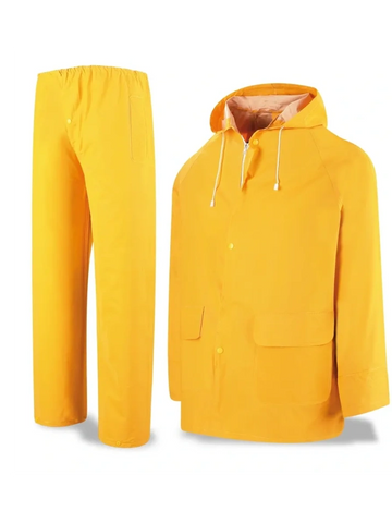 Ropa de PVC pesada y semipesada color amarillo. Traje, saco, pantalán y poncho. Fabricantes Lima