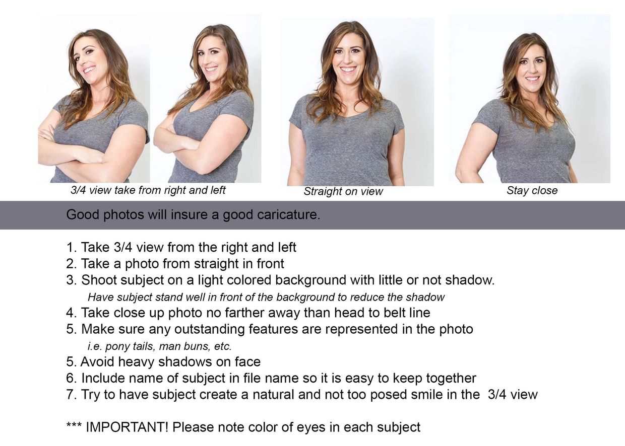 Graphic of posing guide for reference pictures to be used for caricatures by Kurt Dreier Caricatures 