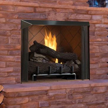 Cozy fireplace with artificial logs and flames.
