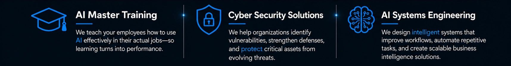 Three AI and cybersecurity service offerings with icons and descriptions on a dark background.
