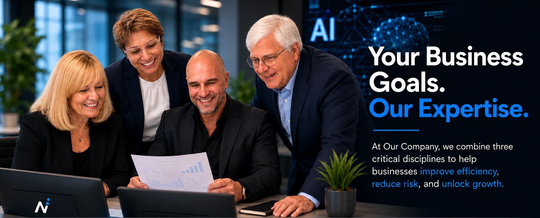 Four professionals collaborating over business data, emphasizing expertise and growth.