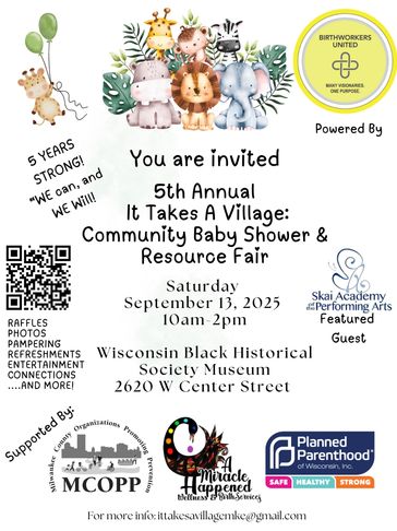 It Takes A Village Flyer with event details, logos, and baby animal graphics