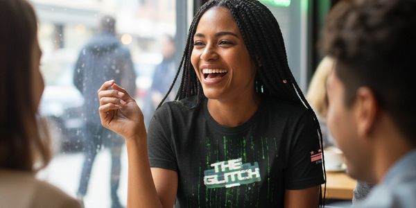 A woman laughing and chatting with friends at a cafe.