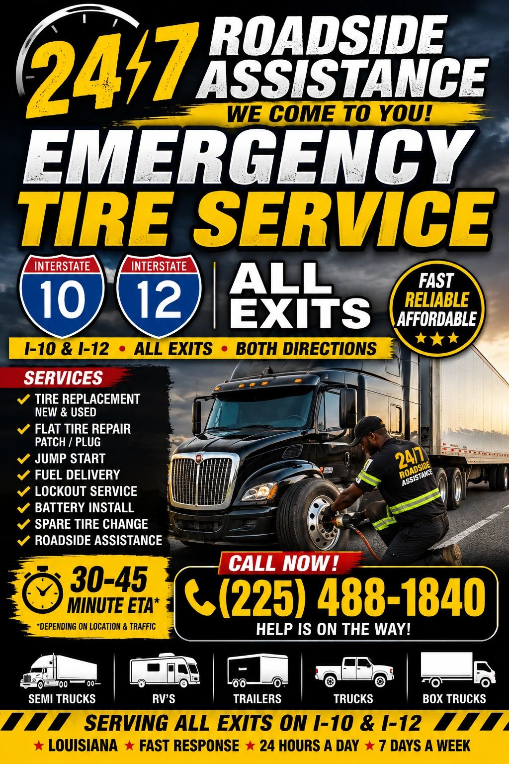 24/7 mobile tire service near LSU Tiger Stadium Highland Rd and I-10 Exit 155A Baton Rouge.
