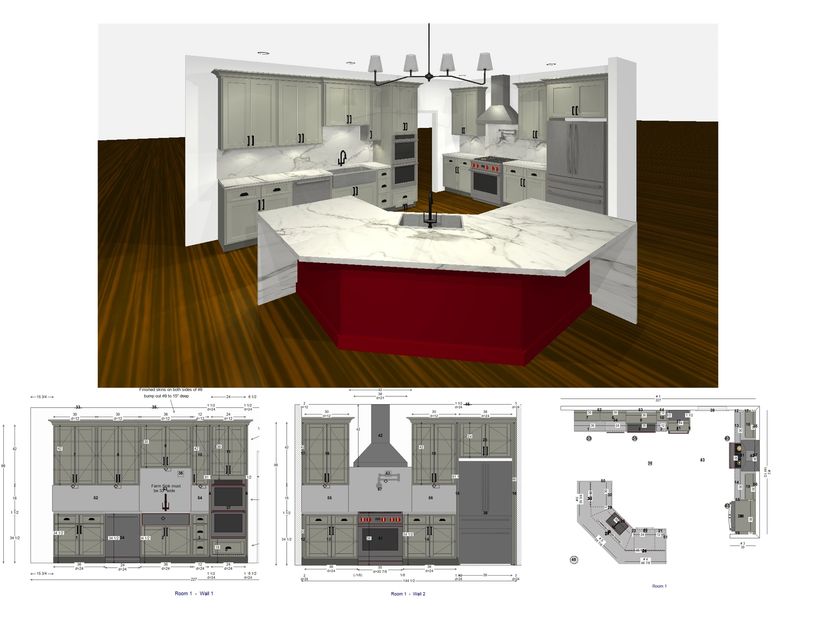 Kitchen cabinet layout with countertops and flooring visualization.