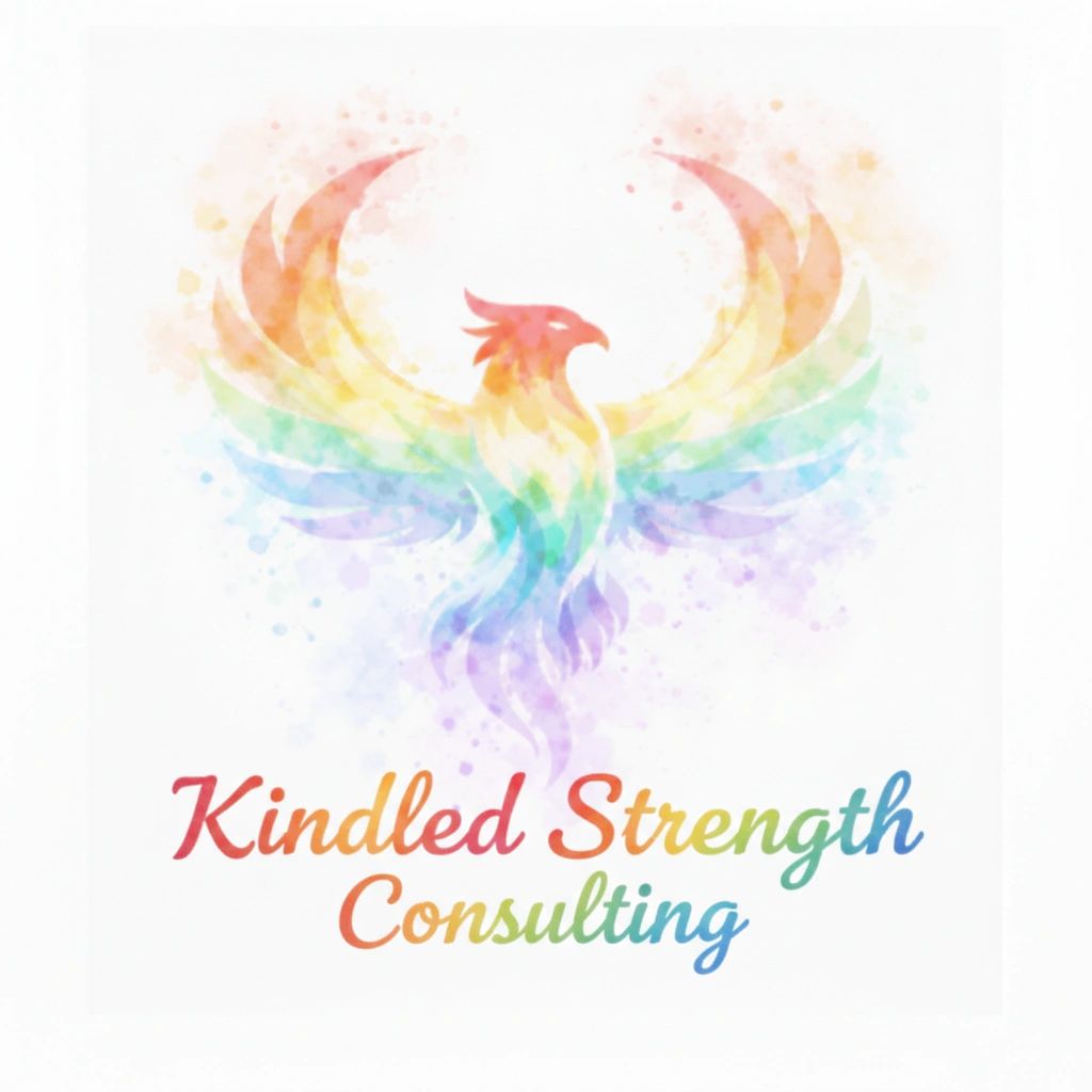 Colorful phoenix logo with "Kindled Strength Consulting" text in rainbow hues.
