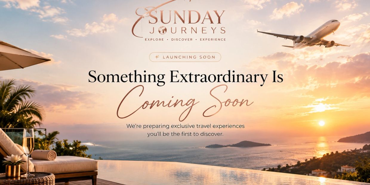 A travel ad showing a luxurious sunset view with an airplane overhead.