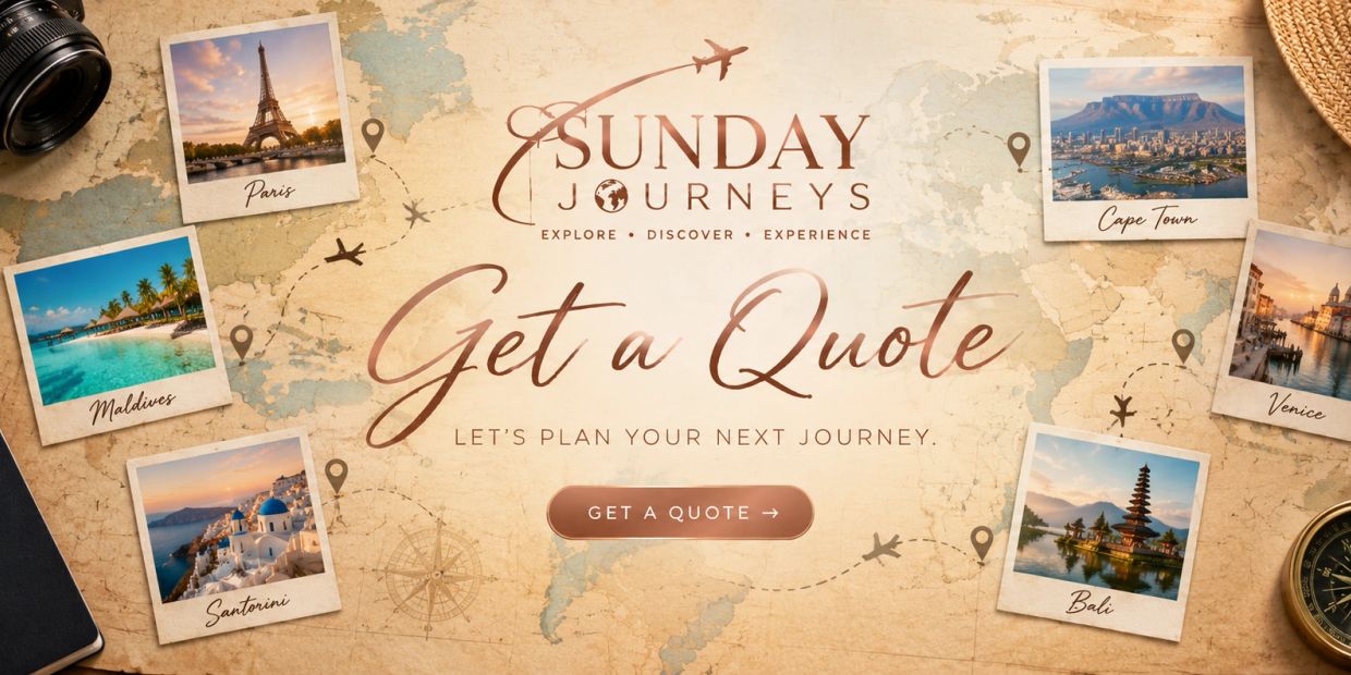 Travel advertisement featuring popular destinations with a call to get a quote.