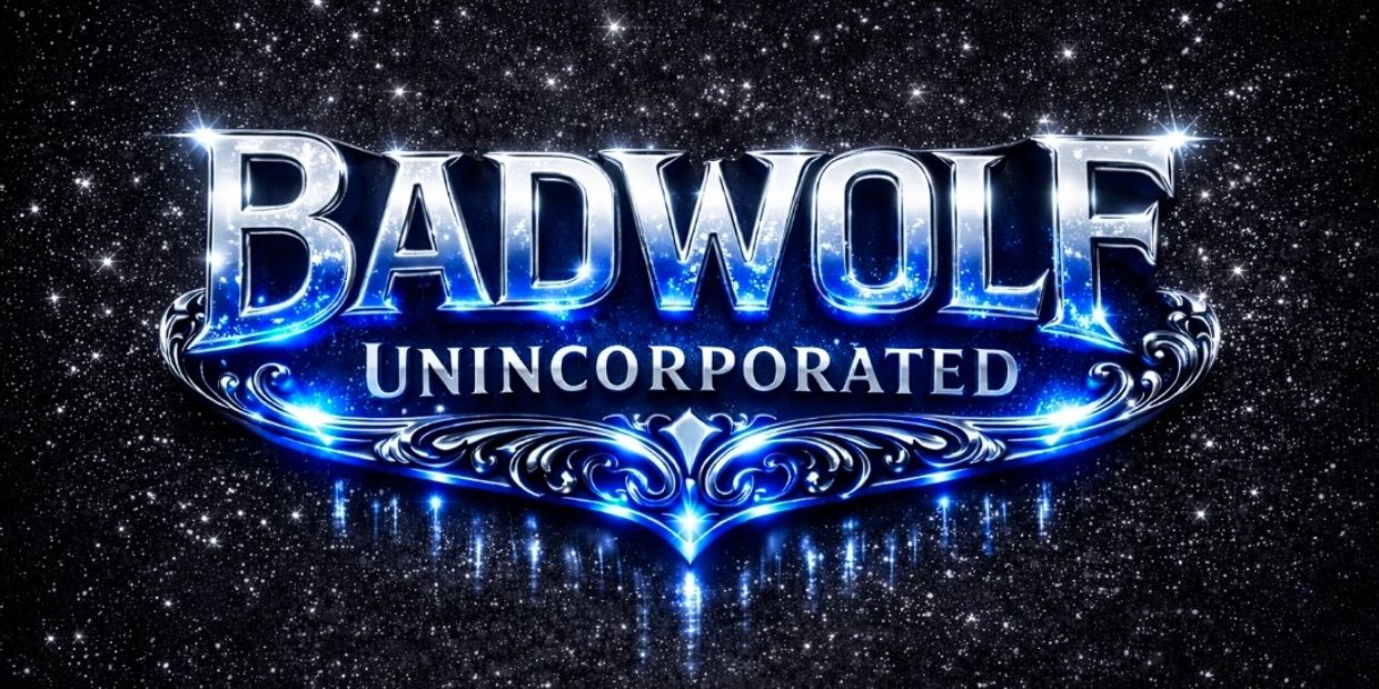 Shiny blue and silver logo of Bad Wolf Unincorporated against a starry background.