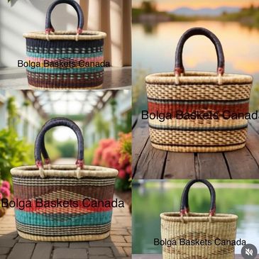 Four images of handmade Bolga baskets with leather handles.