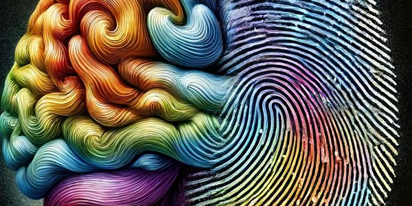 A colorful brain seamlessly blending into a fingerprint pattern.