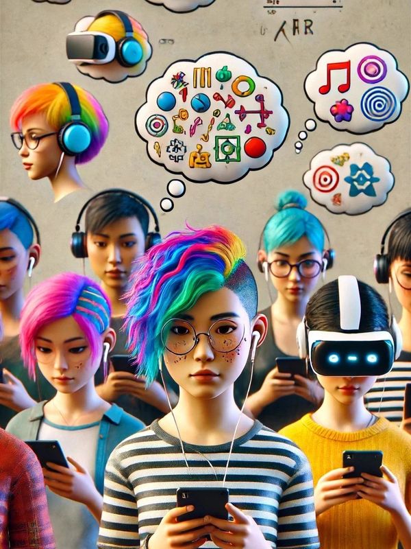 Young people with vibrant hair and headphones immersed in digital content on their phones.