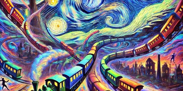 A vibrant, surreal painting of trains weaving through a starry night sky inspired by Van Gogh.